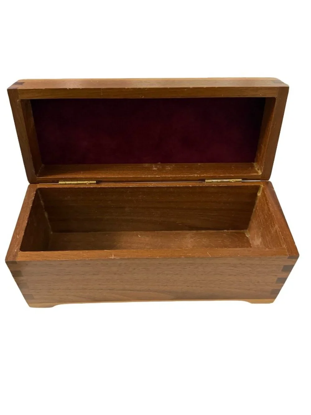 Vintage Walnut Dovetail Wooden Keepsake Box Jewelry Trinket Storage Red Velvet L